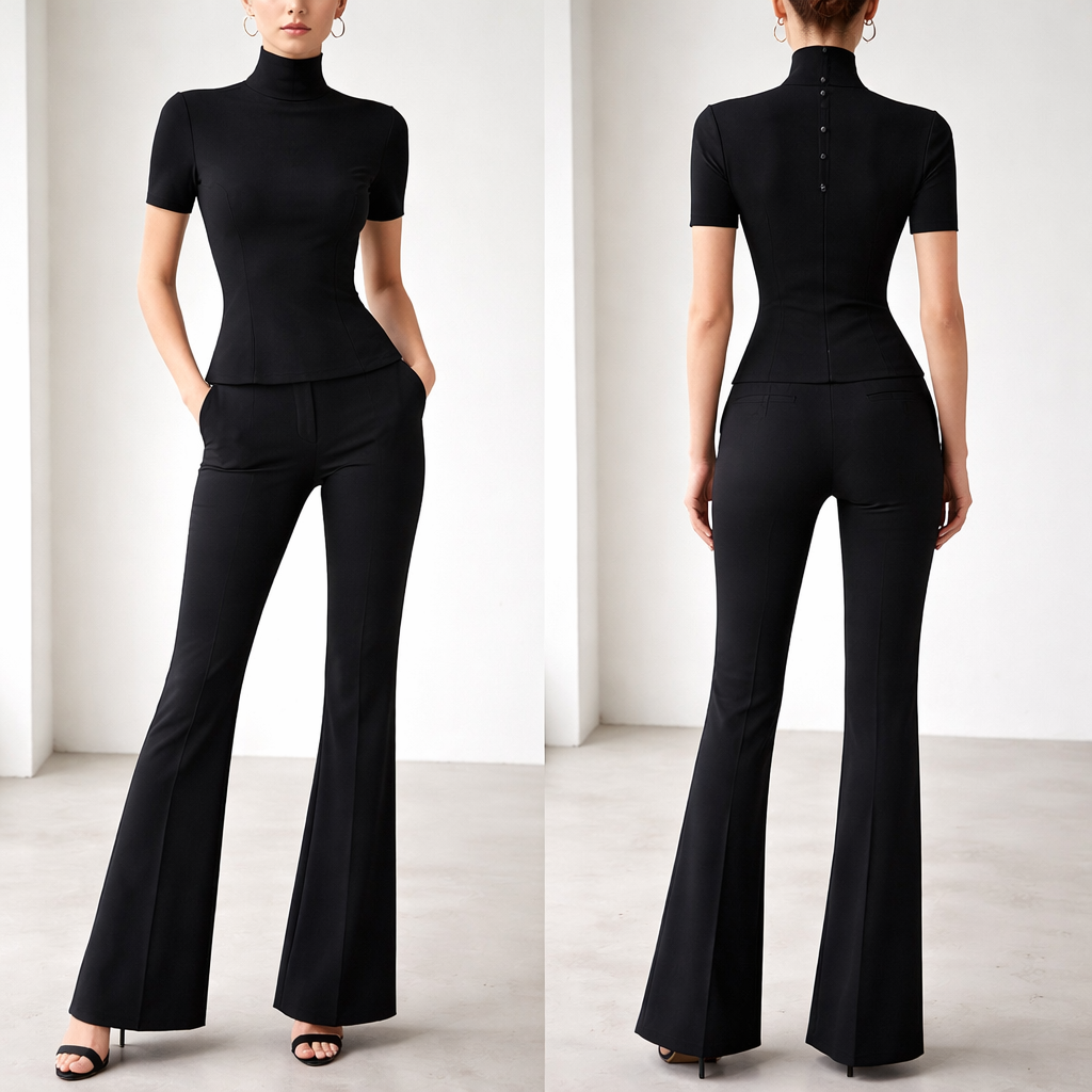 Black Japanese two piece set. small turtle neck for top with the back that has 4 buttons only for turtle neck that create a tight chic look. Top is short sleeved and hugs the small waist. Top is not cropped and has length. Pants tight tight fitted and have flare at bottom
Black Japanese two piece set. small turtle neck for top with the back that has 4 buttons only for turtle neck that create a tight chic look. Top is short sleeved and hugs the small waist. Top is not cropped and has length. Pants tight tight fitted and have flare at bottom, business style, show front and back