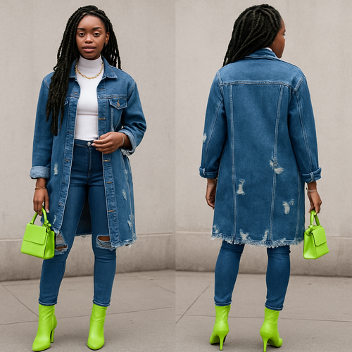 White turtle neck short sleeves long blue jean ripped jacket tight blue jean pants lime green heel boots gold necklace rings and bracelets faux locs lime green purse 