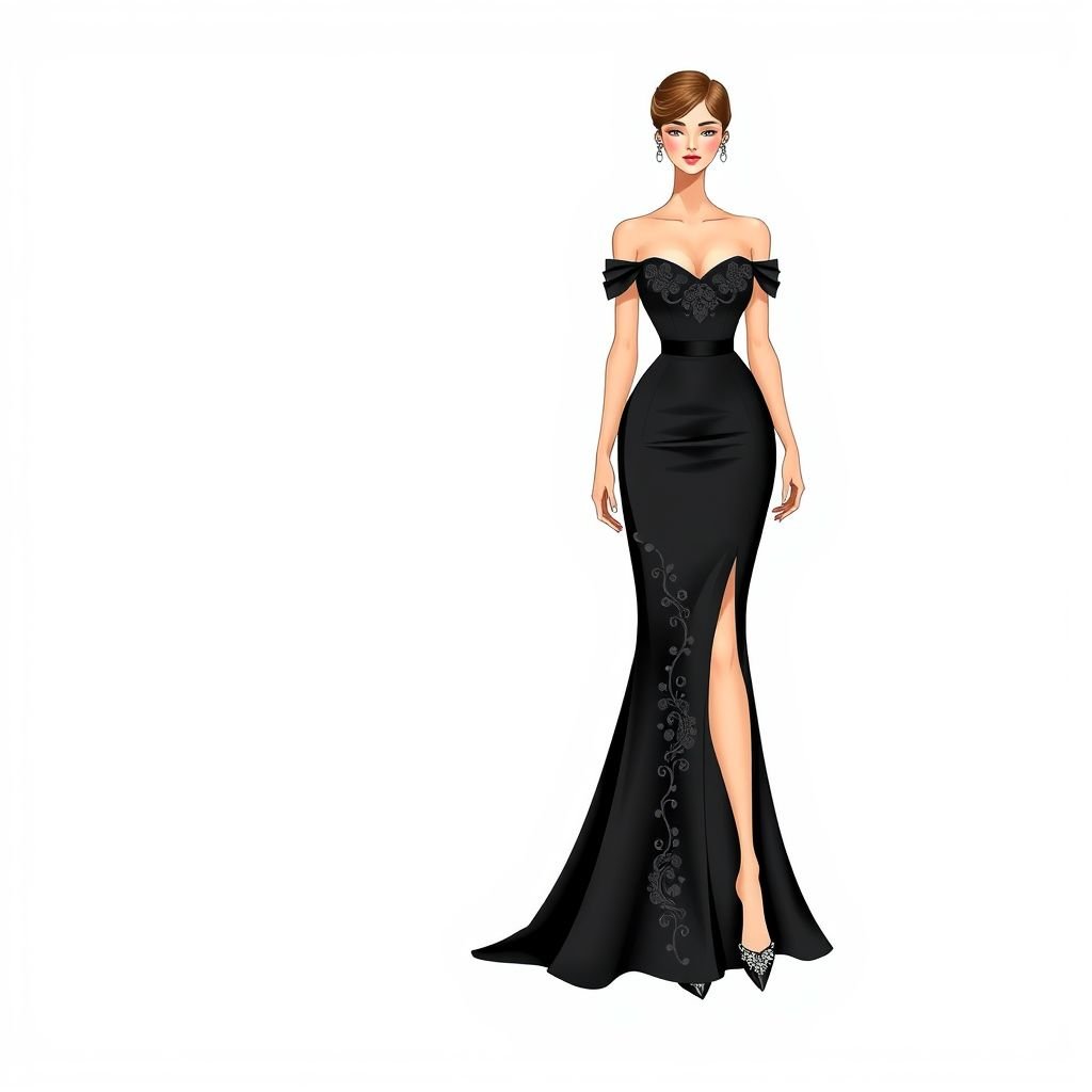 It is fashion modern colar is black with stiletto
Design an elegant ensemble featuring a sleek black satin collar that accentuates a tailored, off-the-shoulder gown, embellished with intricate lace detailing. Pair this with matching stiletto heels adorned with delicate crystals. The overall silhouette should exude sophistication, combining timeless elegance with modern flair, perfect for a formal evening affair.