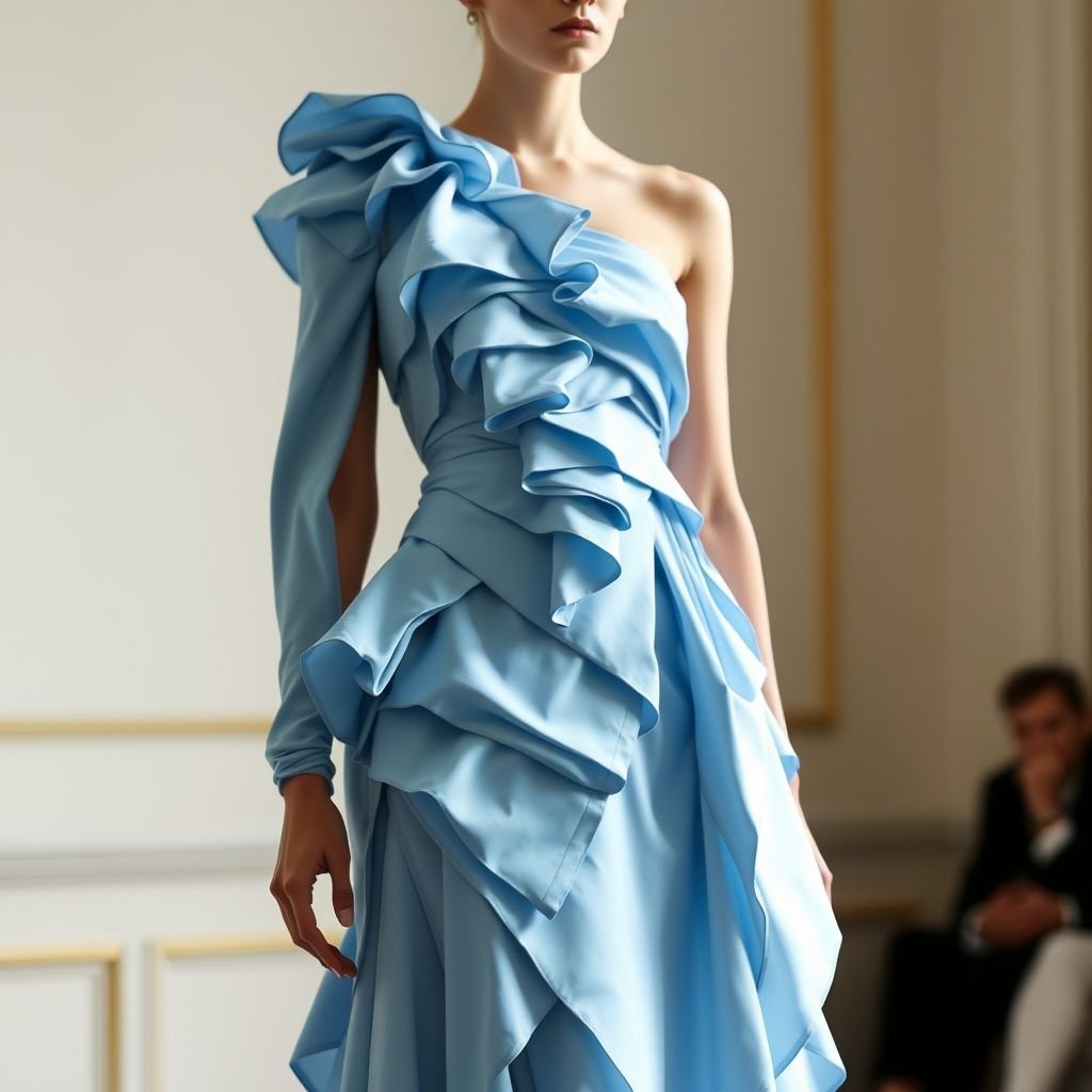 Fancy, Different cuts, but layered dress. Light blue Blue
Create a layered dress inspired by the avant-garde style of Alexander McQueen. Incorporate luxurious fabrics in light blue, combining various asymmetric cuts and unexpected silhouettes. The design should feature intricate draping and bold, sculptural elements, evoking a sense of ethereal elegance while showcasing the rebellious spirit characteristic of McQueen’s iconic collections.