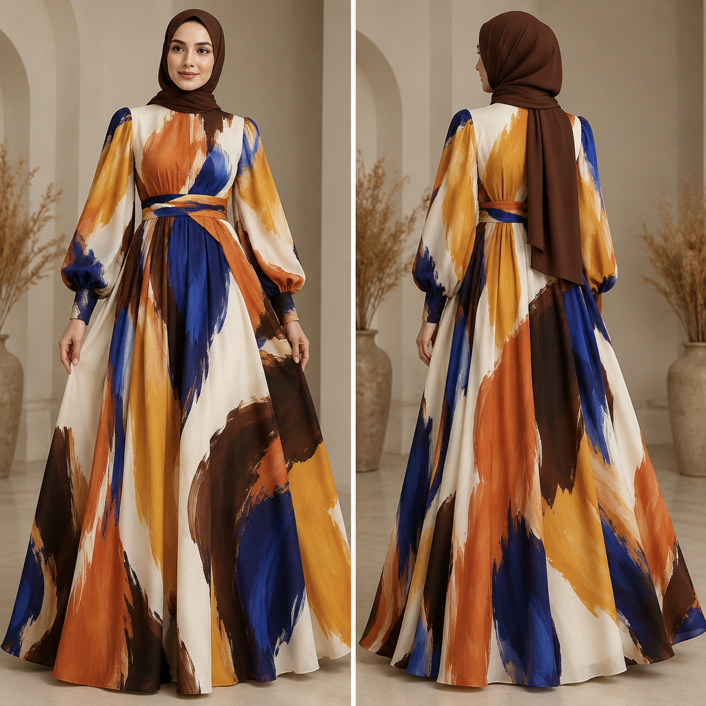 A Female Dress design, with modest, full coverage: longer hemlines, higher necklines and covered shoulders, suitable for Fall. عيزا فستان الوانوأبيض + أصفر ذهبي + برتقالي + أزرق ملكي + بني غامق، وفاري من البطن فيهو كرفسة ضغيرة البطن بس اما باقي الفستان فاااري
واليدين عملتا ليك شنو صور سويها لي زيها بس بي الاوان القلتها ليك Present it as professional fashion catalogue photography: the garment is the subject, shown full-length with editorial styling, neutral posing and tasteful, non-suggestive framing.
photorealistic fashion design, A Female Dress design, with modest, full coverage: longer hemlines, higher necklines and covered shoulders, suitable for Fall. عيزا فستان الوانوأبيض + أصفر ذهبي + برتقالي + أزرق ملكي + بني غامق، وفاري من البطن فيهو كرفسة ضغيرة البطن بس اما باقي الفستان فاااري
واليدين عملتا ليك شنو صور سويها لي زيها بس بي الاوان القلتها ليك Present it as professional fashion catalogue photography: the garment is the subject, shown full-length with editorial styling, neutral posing and tasteful, non-suggestive framing., just the design no text