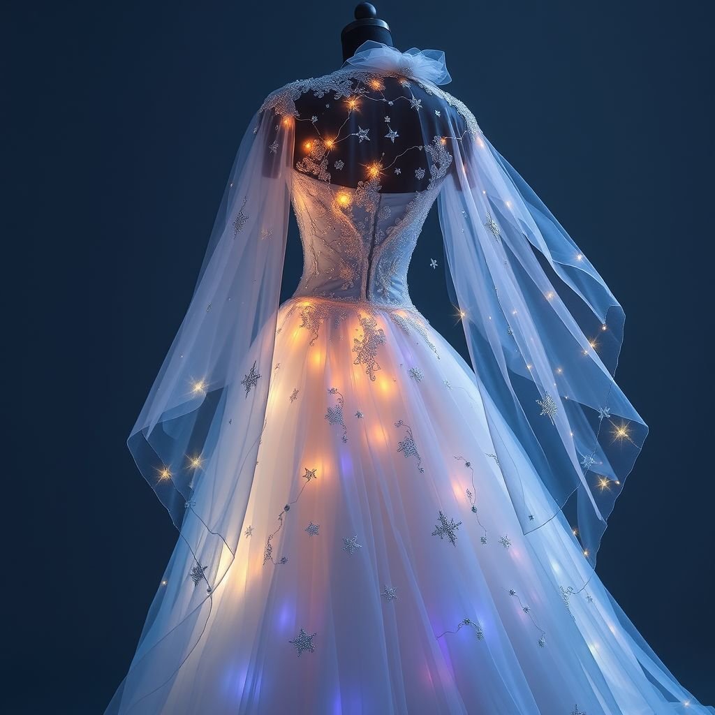 Wedding dress
Envision a whimsical wedding dress inspired by a celestial theme. Crafted from ethereal layers of iridescent tulle and silk, it features embroidered constellations and glimmering beadwork reminiscent of stars. The gown flows like a gentle night breeze, with a detachable cape adorned with twinkling LED lights, radiating romance and magic.