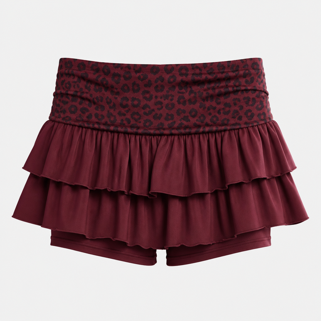 A Female Dress design, made of Cotton, for Casual, suitable for Summer, in Casual + Streetwear + Animal Print style. frilled burgundy foldover skirt with a fold over leopard print burgundy band streetwear but casual and cute for any occasion built in shorts with pockets
photorealistic fashion design, A Female Dress design, made of Cotton, for Casual, suitable for Summer, in Casual + Streetwear + Animal Print style. frilled burgundy foldover skirt with a fold over leopard print burgundy band streetwear but casual and cute for any occasion built in shorts with pockets, casual style, just the design no text
