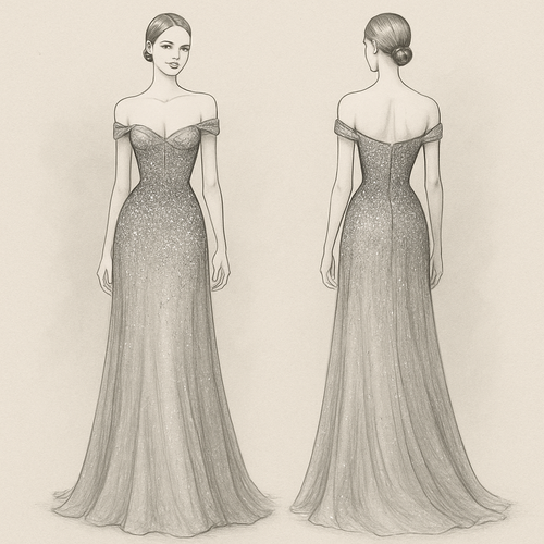 Long elegant defining dress which a corset at the top with a defining bra with glitter and gems fading from the top down
