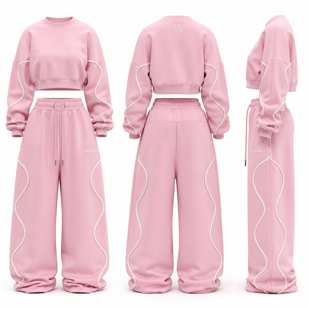 A Pants design, in Streetwear style. Design an original luxury women's streetwear tracksuit for the brand TRIO.AURA. Create an oversized cropped crewneck sweatshirt with dropped shoulders and matching high-waisted oversized joggers. Use heavyweight premium cotton fleece with a soft brushed interior. Add bold curved 3D rope piping running down both sleeves and both pant legs for a unique signature look. Embroider the TRIO.AURA logo in small, clean lettering on the left chest and left thigh, with a TA monogram on the back neck. Include ribbed cuffs, an elastic waistband with premium drawstrings, hidden zip pockets, reinforced stitching, and a relaxed baggy fit. Color: soft pink with white rope piping and white embroidery. Style: luxury streetwear, modern, premium, fashion-forward, unique and original. Show front, back, and side views on a plain white background with realistic fabric texture and professional fashion presentation.. South Africa fashion aesthetics.
photorealistic fashion design, A Pants design, in Streetwear style. Design an original luxury women's streetwear tracksuit for the brand TRIO.AURA. Create an oversized cropped crewneck sweatshirt with dropped shoulders and matching high-waisted oversized joggers. Use heavyweight premium cotton fleece with a soft brushed interior. Add bold curved 3D rope piping running down both sleeves and both pant legs for a unique signature look. Embroider the TRIO.AURA logo in small, clean lettering on the left chest and left thigh, with a TA monogram on the back neck. Include ribbed cuffs, an elastic waistband with premium drawstrings, hidden zip pockets, reinforced stitching, and a relaxed baggy fit. Color: soft pink with white rope piping and white embroidery. Style: luxury streetwear, modern, premium, fashion-forward, unique and original. Show front, back, and side views on a plain white background with realistic fabric texture and professional fashion presentation.. South Africa fashion aesthetics., streetwear style, just the design no text