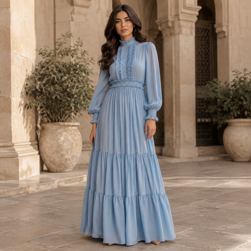 A Female Dress design, suitable for Fall. فستان طويل باكمام طويله مع كشكشه فى الصدر والوسط بالوان الازرق السماوى مع الكمام. Egypt fashion aesthetics. Present it as professional fashion catalogue photography: the garment is the subject, shown full-length with editorial styling, neutral posing and tasteful, non-suggestive framing.
photorealistic fashion design, A Female Dress design, suitable for Fall. فستان طويل باكمام طويله مع كشكشه فى الصدر والوسط بالوان الازرق السماوى مع الكمام. Egypt fashion aesthetics. Present it as professional fashion catalogue photography: the garment is the subject, shown full-length with editorial styling, neutral posing and tasteful, non-suggestive framing., just the design no text