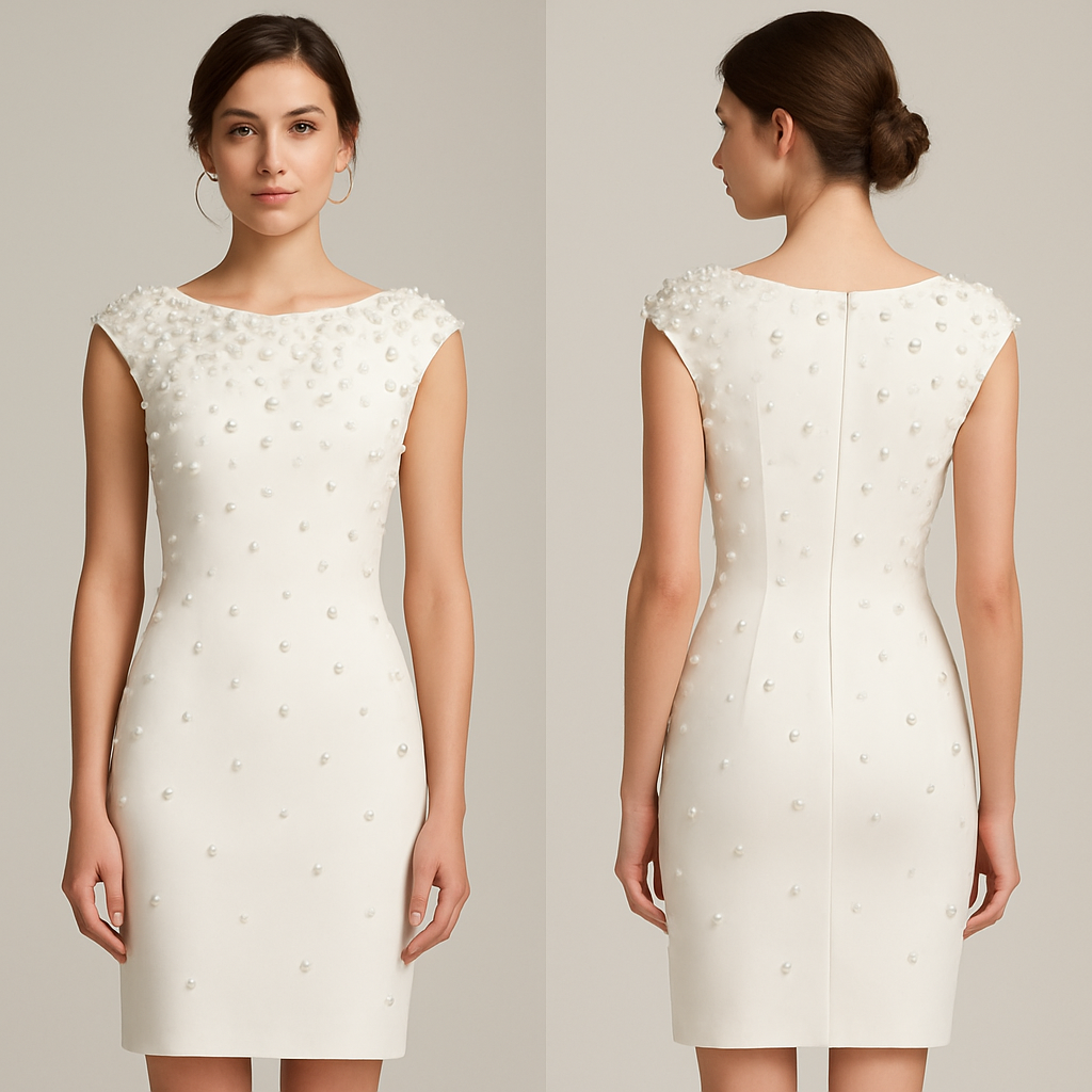 Make a white graduation dress . Right Above the knee bodycon . The dress must have pearls of different sizes around.
Make a white graduation dress . Right Above the knee bodycon . The dress must have pearls of different sizes around. , elegant style, show front and back