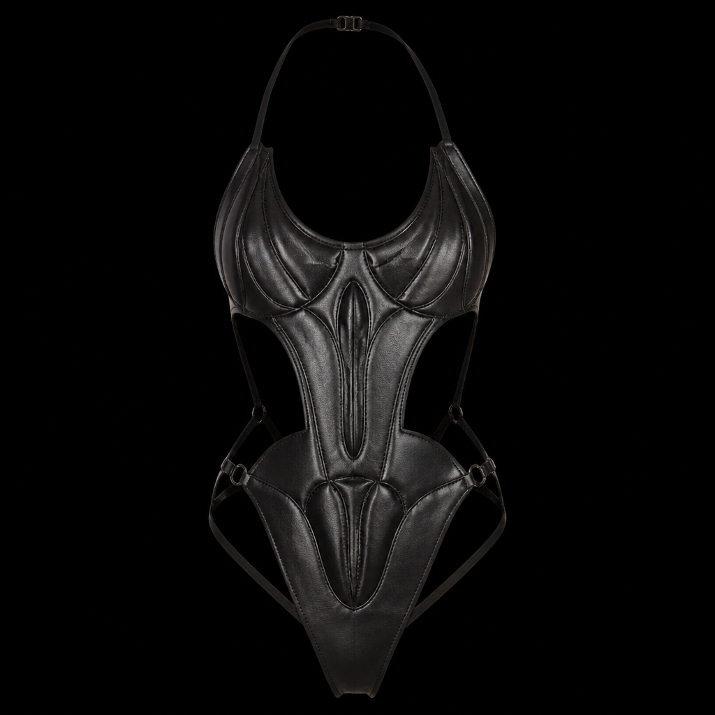 A Female Swimwear design, made of Leather. a design inspires by the female body and repr oductive organs. United Kingdom fashion aesthetics.
photorealistic fashion design, A Female Swimwear design, made of Leather. a design inspires by the female body and repr oductive organs. United Kingdom fashion aesthetics., just the design no text
