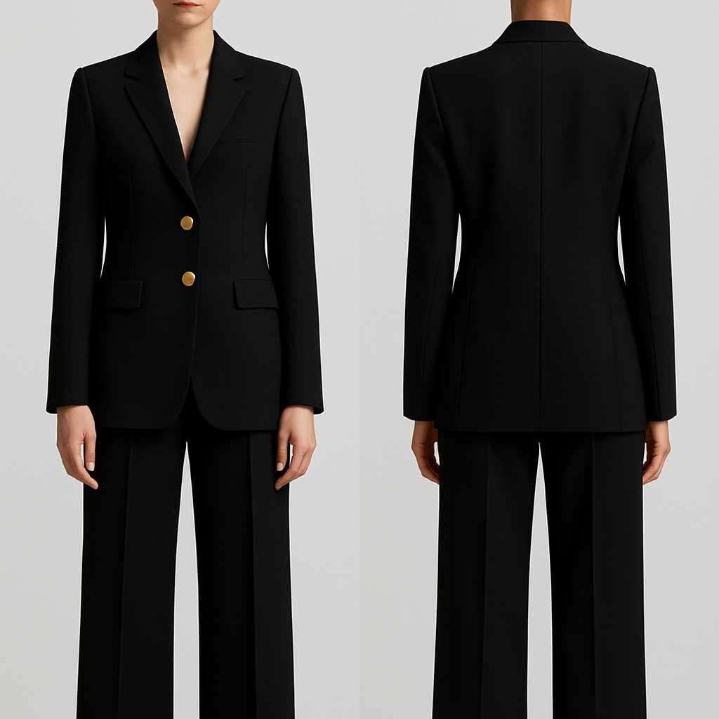 Haz un traje negro elegante y minimalista con los botones dorados, que la blazer quede por debajo del culo pero que no sea muy larga y que el pantalón sea un poco ancho.
Haz un traje negro elegante y minimalista con los botones dorados, que la blazer quede por debajo del culo pero que no sea muy larga y que el pantalón sea un poco ancho., minimalist style, show front and back