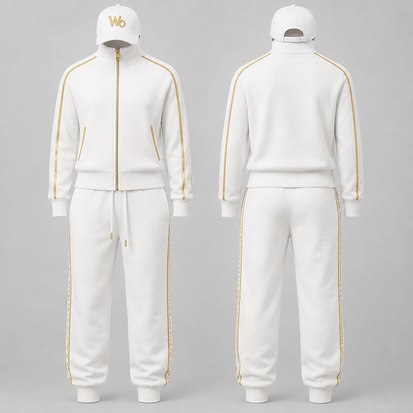Add a white baseball cap with a W and a O in gold letters Wo high collar on jacket pants a little fuller
edit the attached fashion design with these instructions: Add a white baseball cap with a W and a O in gold letters Wo high collar on jacket pants a little fuller. keep it photorealistic, just the design no text