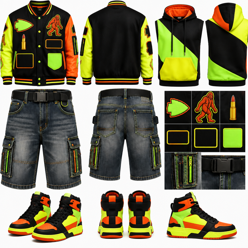 Neon orange, fluorescent green and yellow colors
edit the attached fashion design with these instructions: Neon orange, fluorescent green and yellow colors. keep it photorealistic, just the design no text
