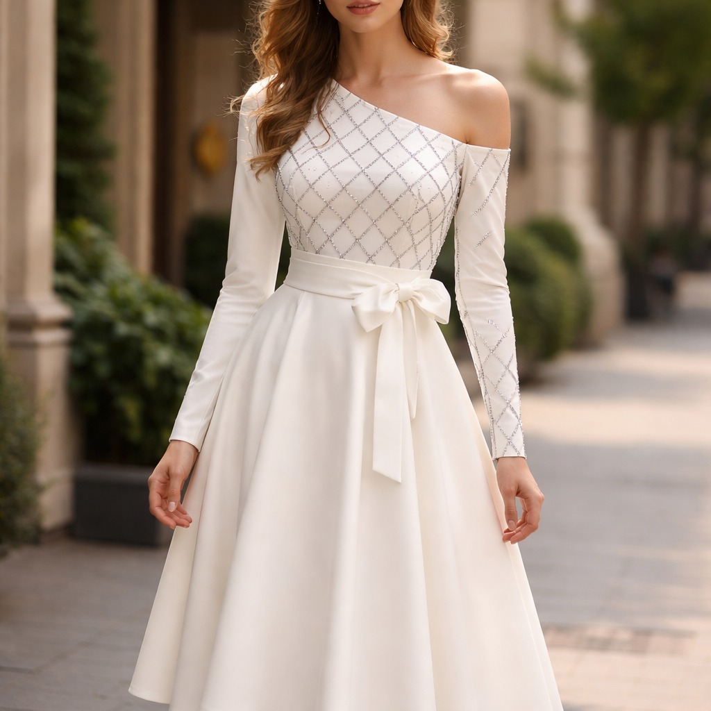 Dress. Full length sleeve on the left arm and an open shoulder on the right. Top of the dress white with gray lattice criss crosses printed on. Thick white ribbon around the waist. A-line, plain white skirt, stopping just below the knee.
Dress. Full length sleeve on the left arm and an open shoulder on the right. Top of the dress white with gray lattice criss crosses printed on. Thick white ribbon around the waist. A-line, plain white skirt, stopping just below the knee.