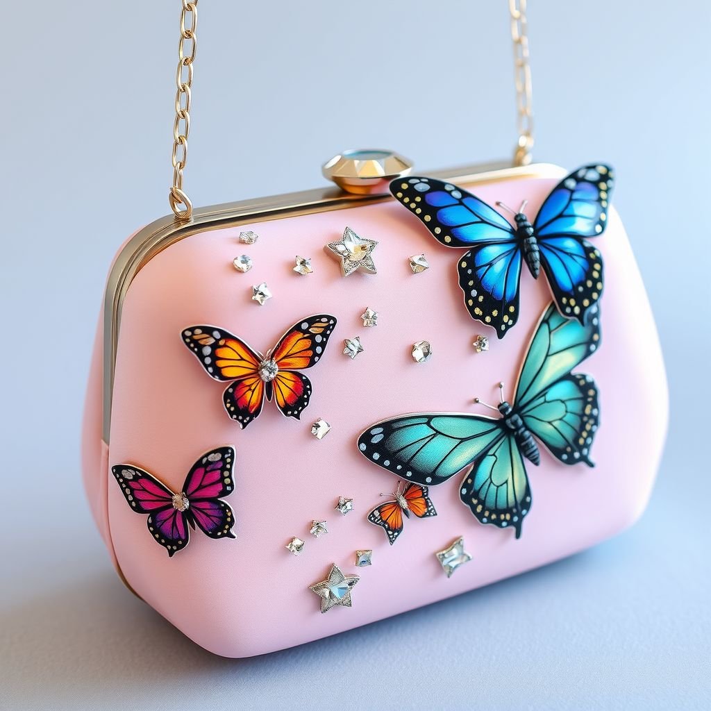 I want a pink bag design with swarovski stone and butterfly design
Envision a whimsical evening clutch in soft pastel pink, adorned with shimmering Swarovski crystals that glisten like stars. The exterior features intricate, hand-painted butterflies in vibrant hues, each one embellished with gem accents. The bag's shape is an elegant, sculptural silhouette, with a delicate chain strap for a touch of glamour.
