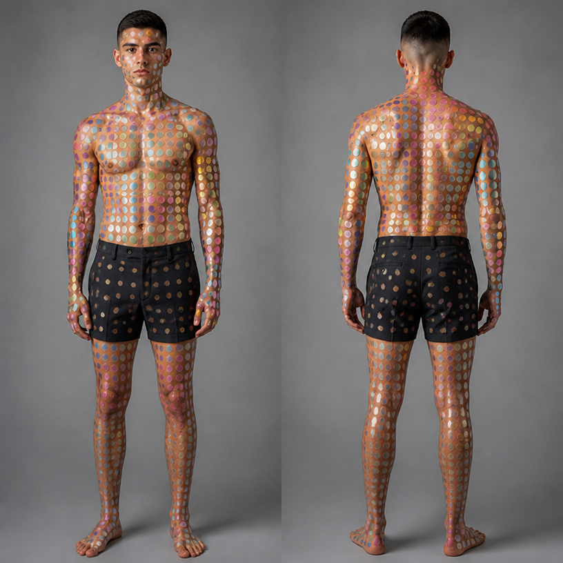 se riesci fai i pantaloncini corti e gli sticker un pochino anche sui pantaloncini
edit the attached fashion design with these instructions: se riesci fai i pantaloncini corti e gli sticker un pochino anche sui pantaloncini. keep it photorealistic, just the design no text