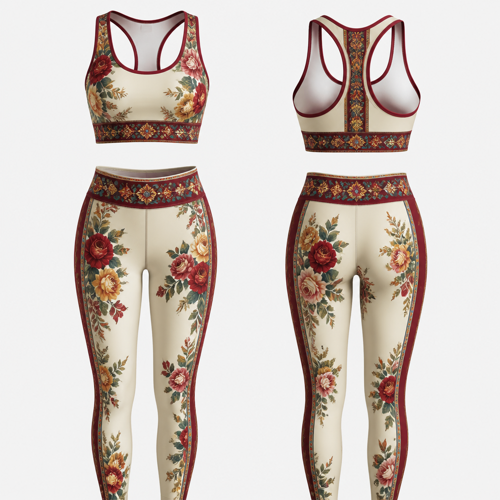 A Female Activewear design, in Classic + Mexican + Floral style. Nigeria fashion aesthetics.
photorealistic fashion design, A Female Activewear design, in Classic + Mexican + Floral style. Nigeria fashion aesthetics., classic style, just the design no text, show front and back