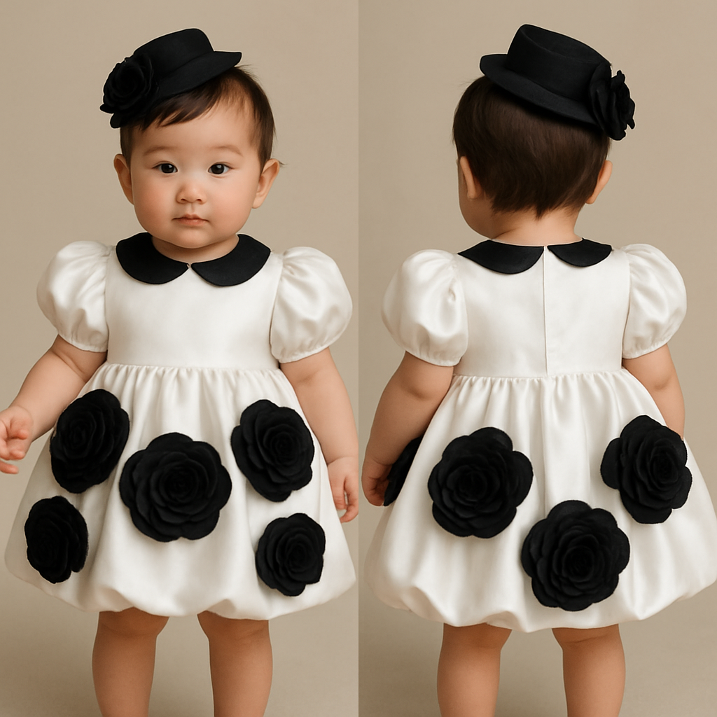 一歳の女の子着用画
白のサテンドレス、襟は丸くて黒、バルーンスカートで丈は膝上
パフスリーブ(ボリュームあり)
サテンの黒の大きなバラをスカート部分の前側と後ろ側に均等にバランスよくたくさんつけて
頭には黒のカクテルハット、同じバラを小さめで着けて
一歳の女の子着用画
白のサテンドレス、襟は丸くて黒、バルーンスカートで丈は膝上
パフスリーブ(ボリュームあり)
サテンの黒の大きなバラをスカート部分の前側と後ろ側に均等にバランスよくたくさんつけて
頭には黒のカクテルハット、同じバラを小さめで着けて
, show front and back