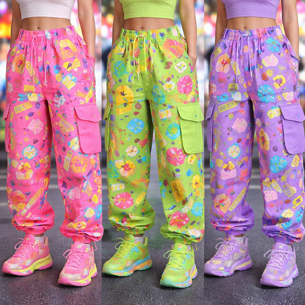 neon candy land board game themed cargo pants
Japanese Street fashion design: Loose-fit cotton cargo pants in bright neon colors, featuring a playful board game pattern.
