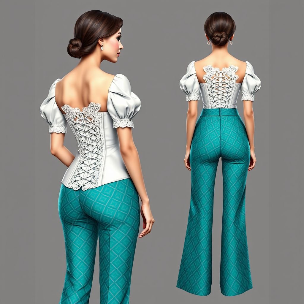 Create a white corset top with sweetheart collar and it should be very sexy with teal trousers not much details on the trousers yet patterned fabric. The top should have cute little sleeves and the corset lace should be at the back not the front. Show me the front and back. Change the pattern of the trousers
Design a sultry white corset top with a sweetheart neckline and delicate puff sleeves, accentuating the silhouette. The back features intricate lace detailing that adds allure. Pair it with high-waisted teal trousers adorned in a bold geometric pattern, creating a striking contrast. Ensure to showcase both the front and back views vibrantly!