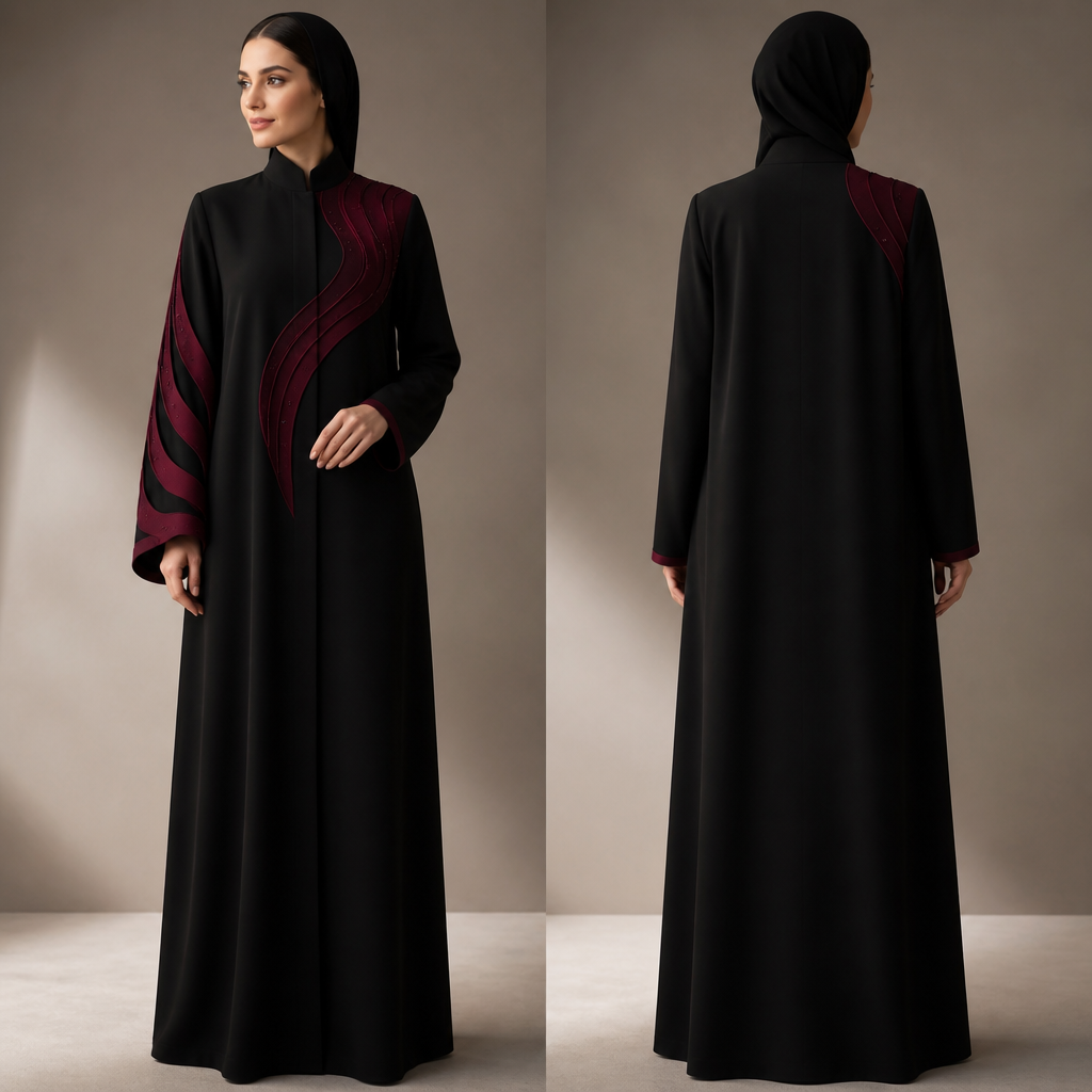 Luxury black abaya with a distinctive deep burgundy design. The abaya is made from premium matte black fabric with a clean, elegant straight silhouette.
Create a unique burgundy design on one sleeve only: start the burgundy detail from the upper shoulder and let it flow down the outer side of the sleeve in an elegant curved shape, with several thin overlapping burgundy fabric layers creating a sophisticated dimensional effect. Keep the other sleeve mostly black with only a subtle matching burgundy accent at the cuff.
On only one side of the chest, continue the same burgundy design from the shoulder diagonally toward the chest, creating an artistic asymmetrical shape that looks connected to the sleeve. The burgundy detail should have a mixture of smooth fabric panels and very fine textured lines, giving it a luxurious couture finish.
Add a few tiny crystal accents delicately placed inside the burgundy design, like scattered points of light, not a row of crystals.
Keep the opposite side completely plain black. The back should remain elegant and mostly black with only a subtle continuation of the burgundy detail near one shoulder.
The design must look modern, feminine, expensive and genuinely unique, while remaining a beautiful wearable abaya. Not a dress, not a gown, not flared, no gold, no lace, no heavy embroidery, no traditional motifs. Only matte black and deep burgundy. Show the full front and back of the abaya.
photorealistic fashion design, Luxury black abaya with a distinctive deep burgundy design. The abaya is made from premium matte black fabric with a clean, elegant straight silhouette.
Create a unique burgundy design on one sleeve only: start the burgundy detail from the upper shoulder and let it flow down the outer side of the sleeve in an elegant curved shape, with several thin overlapping burgundy fabric layers creating a sophisticated dimensional effect. Keep the other sleeve mostly black with only a subtle matching burgundy accent at the cuff.
On only one side of the chest, continue the same burgundy design from the shoulder diagonally toward the chest, creating an artistic asymmetrical shape that looks connected to the sleeve. The burgundy detail should have a mixture of smooth fabric panels and very fine textured lines, giving it a luxurious couture finish.
Add a few tiny crystal accents delicately placed inside the burgundy design, like scattered points of light, not a row of crystals.
Keep the opposite side completely plain black. The back should remain elegant and mostly black with only a subtle continuation of the burgundy detail near one shoulder.
The design must look modern, feminine, expensive and genuinely unique, while remaining a beautiful wearable abaya. Not a dress, not a gown, not flared, no gold, no lace, no heavy embroidery, no traditional motifs. Only matte black and deep burgundy. Show the full front and back of the abaya., just the design no text