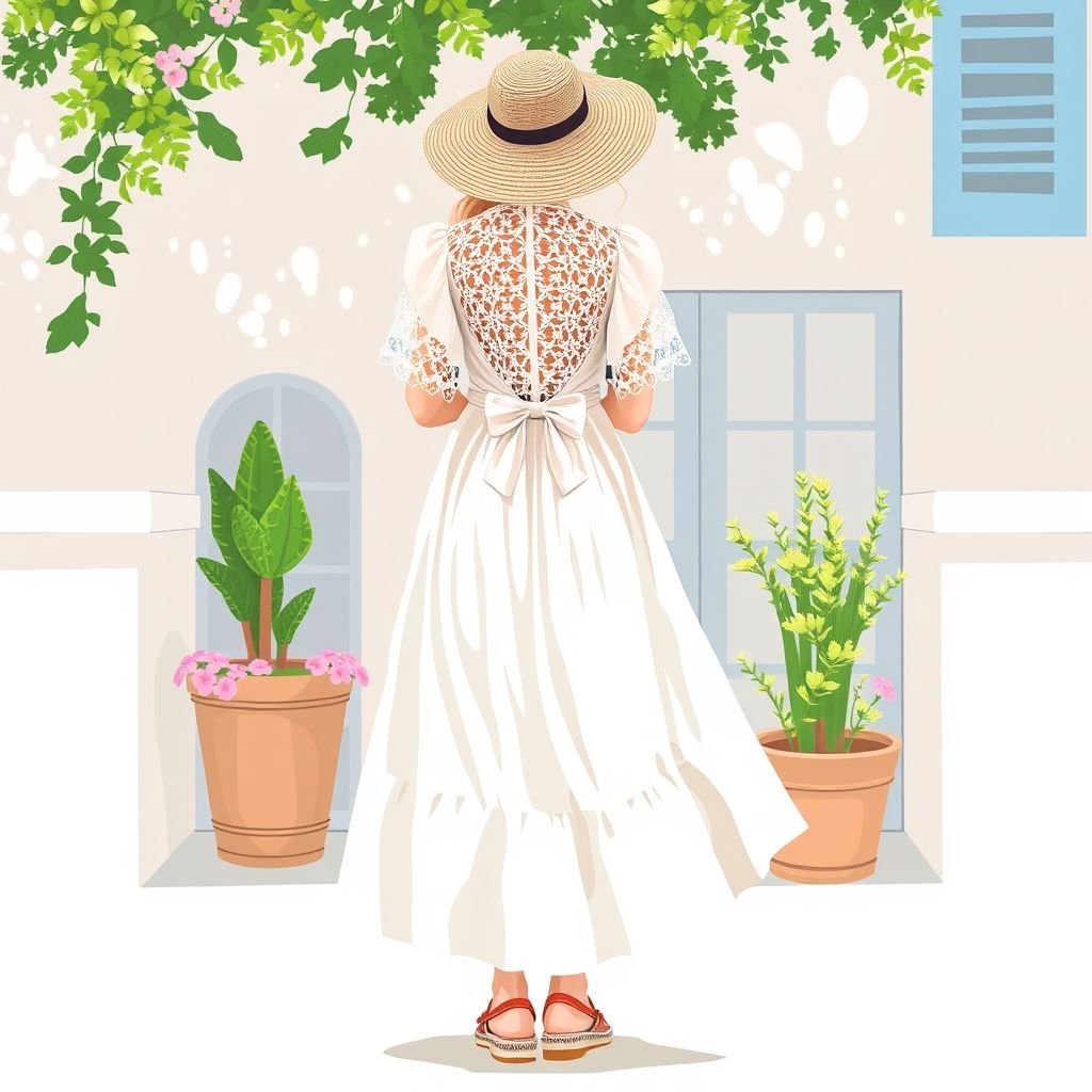 Summer dress simple for resort wear
Design an elegant, Parisian-inspired summer dress perfect for resort wear. Picture a lightweight, flowing silhouette in soft pastels, featuring delicate ruffled sleeves and a cinched waist. Accentuate with an intricate, lace overlay and a charming bow at the back. Pair with classic espadrilles and a wide-brimmed straw hat for the ultimate chic look.