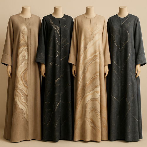 Create a modest boubou, the first of its kind, featuring a unique stone design that exudes a classy and sophisticated vibe. I'd like four designs, each showcasing different styles and fabrics. Incorporate high-end, unique chic stone designs to make them truly special. Add little sophisticated stone designs.