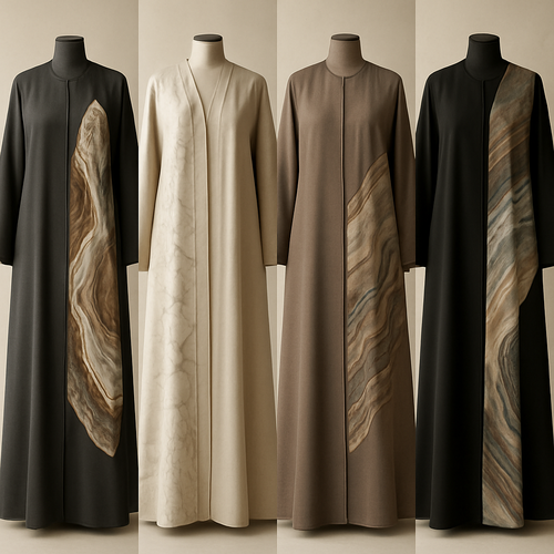 Create a modest abaya that's the first of its kind, featuring a unique stone design that exudes a classy and sophisticated vibe. I'd like four designs, each showcasing different styles and fabrics.
Incorporate high-end, unique chic stone designs to make them truly special.