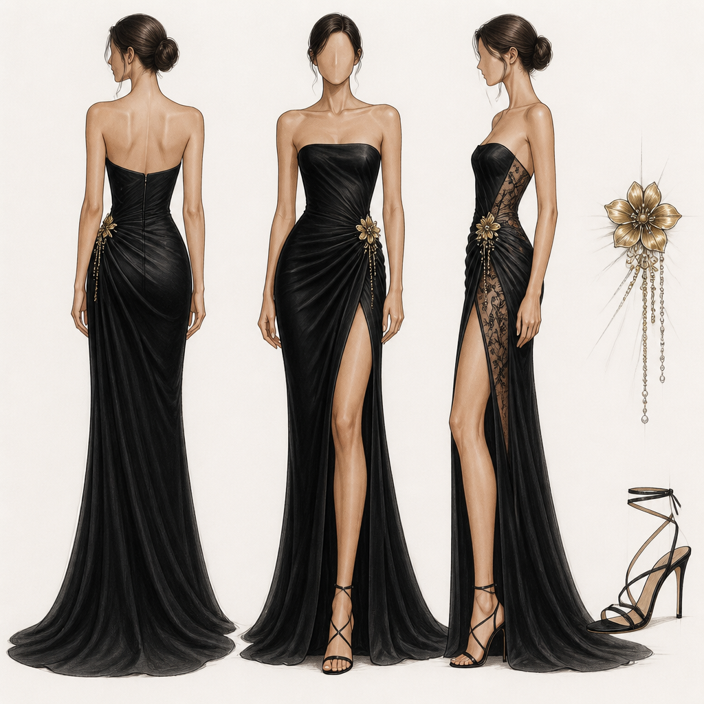 Αυτό το εξαιρετικό προσχέδιο (fashion sketch) παρουσιάζει ένα βραδινό φόρεμα υψηλής ραπτικής σε μαύρο χρώμα, αποτυπωμένο από τρεις διαφορετικές οπτικές γωνίες (μπροστά, πίσω και προφίλ), δίνοντας έμφαση στη δομή, την κίνηση και τις διακοσμητικές λεπτομέρειες.Ακολουθεί η πλήρης και λεπτομερής ανάλυση του σχεδίου:1. Η Μπροστινή Όψη (Κεντρική Φιγούρα)Γραμμή και Σιλουέτα: Το φόρεμα είναι στράπλες (strapless) με ίσιο ή ελαφρώς καμπυλωτό ντεκολτέ. Αγκαλιάζει σφιχτά το σώμα στον κορμό και τους γοφούς, αναδεικνύοντας τη θηλυκή σιλουέτα.Ντραπάρισμα (Draping): Το πιο χαρακτηριστικό στοιχείο είναι οι έντονες, διαγώνιες πτυχώσεις (ντραπέ) που ξεκινούν από το ύψος των γοφών και συγκεντρώνονται ασύμμετρα προς τη μία πλευρά της μέσης. Αυτό δημιουργεί μια αίσθηση πλούσιας κίνησης και υφής.Σκίσιμο (Slit): Στο κάτω μέρος, το φόρεμα ανοίγει με ένα βαθύ, εντυπωσιακό σκίσιμο που ξεκινά ψηλά από τον μηρό, αφήνοντας το πόδι ακάλυπτο κατά το βάδισμα και καταλήγοντας σε μια κομψή ουρά στο πάτωμα.2. Η Πίσω Όψη (Αριστερή Φιγούρα)Πλάτη και Κλείσιμο: Η πλάτη παραμένει στράπλες και σχετικά χαμηλή. Στο πάνω μέρος υπάρχει χειρόγραφη σημείωση με βέλος που δείχνει τη λέξη «φερμουάρ», υποδεικνύοντας το λειτουργικό κλείσιμο του ενδύματος στην πλάτη.Συνέχεια των Γραμμών: Οι πτυχώσεις συνεχίζουν ομαλά από το πλάι προς τα πίσω, αγκαλιάζοντας τους γλουτούς. Το φόρεμα καταλήγει σε μια διακριτική ουρά (train) που σέρνεται ελαφρώς στο έδαφος, προσθέτοντας θεατρικότητα και επισημότητα.3. Η Πλάγια / Ασύμμετρη Όψη (Δεξιά Φιγούρα)Διαφάνεια και Υφές: Εδώ αποκαλύπτεται μια πολύ ενδιαφέρουσα σχεδιαστική λεπτομέρεια. Το φόρεμα φαίνεται να ενσωματώνει ένθετα τμήματα από διαφάνεια (mesh/tulle) ή δαντέλα στην περιοχή της μέσης και των γοφών, δημιουργώντας ένα cut-out εφέ που παίζει με την ψευδαίσθηση του γυμνού δέρματος.Ασύμμετρο Κόψιμο: Το ντεκολτέ σε αυτή την εκδοχή εμφανίζει μια πιο γεωμετρική, ασύμμετρη δομή, ενισχύοντας τον μοντέρνο χαρακτήρα του ρούχου.4. Διακοσμητικά Στοιχεία και ΑξεσουάρΤο Χρυσό Λουλούδι: Στο σημείο όπου ενώνονται οι πτυχώσεις στη μέση, υπάρχει ένα τρισδιάστατο διακοσμητικό λουλούδι σε χρυσή απόχρωση.Ανάλυση Κοσμήματος: Στα δεξιά υπάρχει ένα ξεχωριστό, επεξηγηματικό γραμμικό σκίτσο που δείχνει ότι από το λουλούδι κρέμονται λεπτές αλυσίδες με μικρά κρεμαστά στοιχεία (πέρλες ή στρας), προσθέτοντας κίνηση και λάμψη.Υποδήματα: Στο κάτω δεξιά μέρος του χαρτιού, ο σχεδιαστής έχει μελετήσει τα ιδανικά παπούτσια για το look. Πρόκειται για ψηλοτάκουνα πέδιλα με λεπτά λουράκια (strappy heels) που δένουν γύρω από τον αστράγαλο, διατηρώντας την εμφάνιση ανάλαφρη και κομψή.. Greece fashion aesthetics.
photorealistic fashion design, Αυτό το εξαιρετικό προσχέδιο (fashion sketch) παρουσιάζει ένα βραδινό φόρεμα υψηλής ραπτικής σε μαύρο χρώμα, αποτυπωμένο από τρεις διαφορετικές οπτικές γωνίες (μπροστά, πίσω και προφίλ), δίνοντας έμφαση στη δομή, την κίνηση και τις διακοσμητικές λεπτομέρειες.Ακολουθεί η πλήρης και λεπτομερής ανάλυση του σχεδίου:1. Η Μπροστινή Όψη (Κεντρική Φιγούρα)Γραμμή και Σιλουέτα: Το φόρεμα είναι στράπλες (strapless) με ίσιο ή ελαφρώς καμπυλωτό ντεκολτέ. Αγκαλιάζει σφιχτά το σώμα στον κορμό και τους γοφούς, αναδεικνύοντας τη θηλυκή σιλουέτα.Ντραπάρισμα (Draping): Το πιο χαρακτηριστικό στοιχείο είναι οι έντονες, διαγώνιες πτυχώσεις (ντραπέ) που ξεκινούν από το ύψος των γοφών και συγκεντρώνονται ασύμμετρα προς τη μία πλευρά της μέσης. Αυτό δημιουργεί μια αίσθηση πλούσιας κίνησης και υφής.Σκίσιμο (Slit): Στο κάτω μέρος, το φόρεμα ανοίγει με ένα βαθύ, εντυπωσιακό σκίσιμο που ξεκινά ψηλά από τον μηρό, αφήνοντας το πόδι ακάλυπτο κατά το βάδισμα και καταλήγοντας σε μια κομψή ουρά στο πάτωμα.2. Η Πίσω Όψη (Αριστερή Φιγούρα)Πλάτη και Κλείσιμο: Η πλάτη παραμένει στράπλες και σχετικά χαμηλή. Στο πάνω μέρος υπάρχει χειρόγραφη σημείωση με βέλος που δείχνει τη λέξη «φερμουάρ», υποδεικνύοντας το λειτουργικό κλείσιμο του ενδύματος στην πλάτη.Συνέχεια των Γραμμών: Οι πτυχώσεις συνεχίζουν ομαλά από το πλάι προς τα πίσω, αγκαλιάζοντας τους γλουτούς. Το φόρεμα καταλήγει σε μια διακριτική ουρά (train) που σέρνεται ελαφρώς στο έδαφος, προσθέτοντας θεατρικότητα και επισημότητα.3. Η Πλάγια / Ασύμμετρη Όψη (Δεξιά Φιγούρα)Διαφάνεια και Υφές: Εδώ αποκαλύπτεται μια πολύ ενδιαφέρουσα σχεδιαστική λεπτομέρεια. Το φόρεμα φαίνεται να ενσωματώνει ένθετα τμήματα από διαφάνεια (mesh/tulle) ή δαντέλα στην περιοχή της μέσης και των γοφών, δημιουργώντας ένα cut-out εφέ που παίζει με την ψευδαίσθηση του γυμνού δέρματος.Ασύμμετρο Κόψιμο: Το ντεκολτέ σε αυτή την εκδοχή εμφανίζει μια πιο γεωμετρική, ασύμμετρη δομή, ενισχύοντας τον μοντέρνο χαρακτήρα του ρούχου.4. Διακοσμητικά Στοιχεία και ΑξεσουάρΤο Χρυσό Λουλούδι: Στο σημείο όπου ενώνονται οι πτυχώσεις στη μέση, υπάρχει ένα τρισδιάστατο διακοσμητικό λουλούδι σε χρυσή απόχρωση.Ανάλυση Κοσμήματος: Στα δεξιά υπάρχει ένα ξεχωριστό, επεξηγηματικό γραμμικό σκίτσο που δείχνει ότι από το λουλούδι κρέμονται λεπτές αλυσίδες με μικρά κρεμαστά στοιχεία (πέρλες ή στρας), προσθέτοντας κίνηση και λάμψη.Υποδήματα: Στο κάτω δεξιά μέρος του χαρτιού, ο σχεδιαστής έχει μελετήσει τα ιδανικά παπούτσια για το look. Πρόκειται για ψηλοτάκουνα πέδιλα με λεπτά λουράκια (strappy heels) που δένουν γύρω από τον αστράγαλο, διατηρώντας την εμφάνιση ανάλαφρη και κομψή.. Greece fashion aesthetics., just the design no text