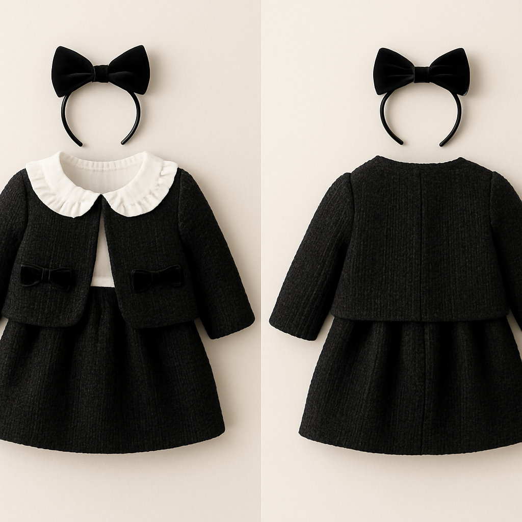 1歳の女の子のベビー服
黒ツイードのジャケットとスカート部分が黒ツイードのワンピースのセットアップ
ワンピースの上半身部分は白で丸襟でフリフリ
ジャケットの両ポケットの位置にベロア素材のリボン
頭にはジャケットについてるリボンと同じもののカチューシャ
1歳の女の子のベビー服
黒ツイードのジャケットとスカート部分が黒ツイードのワンピースのセットアップ
ワンピースの上半身部分は白で丸襟でフリフリ
ジャケットの両ポケットの位置にベロア素材のリボン
頭にはジャケットについてるリボンと同じもののカチューシャ, show front and back