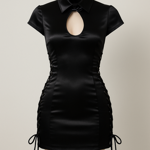 Fitted mini dress with key hole cut out cap sleep and laces up each side cinching waist
Change material to satin and add collar
Change to black
Have laces more to the side