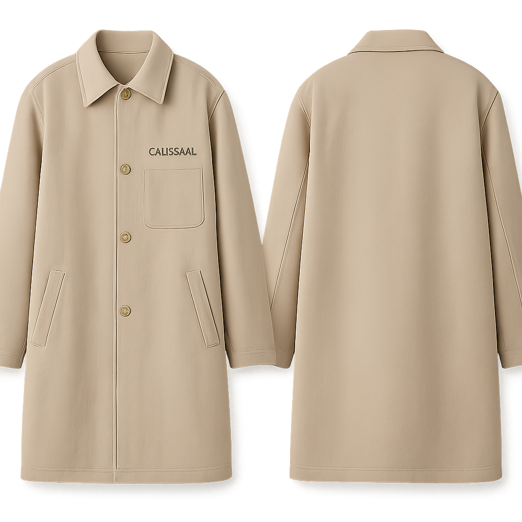 I would
Like a men’s trench coat with simple  and minimal design with the logo
Colossal can you put with a simple soft fabric with pockets only 1 on the chest
 

I would
Like a men’s trench coat with simple  and minimal design with the logo
Colossal can you put with a simple soft fabric with pockets only 1 on the chest
 , show front and back