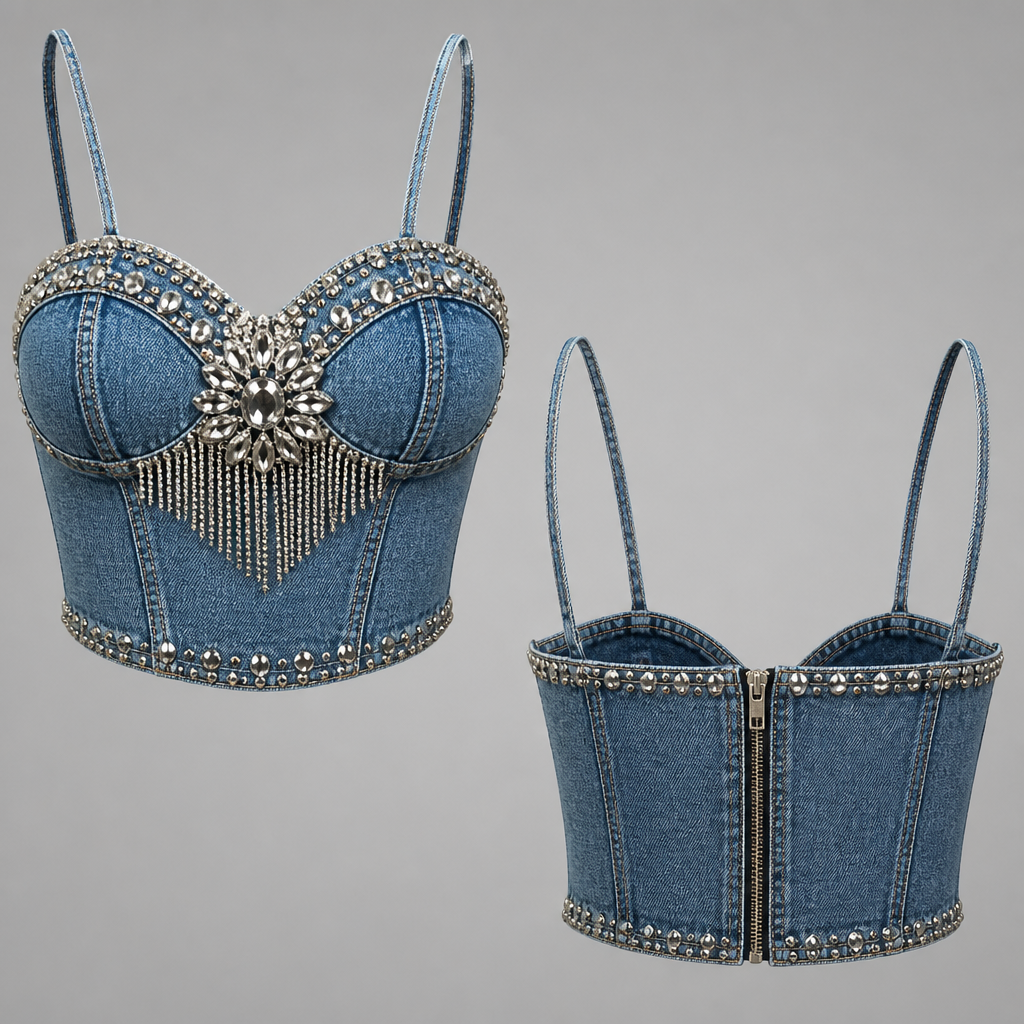 A Female Top design, made of Denim, for Streetwear, suitable for Summer, in Glamorous style. Mexico fashion aesthetics.
photorealistic fashion design, A Female Top design, made of Denim, for Streetwear, suitable for Summer, in Glamorous style. Mexico fashion aesthetics., glamorous style, just the design no text, show front and back