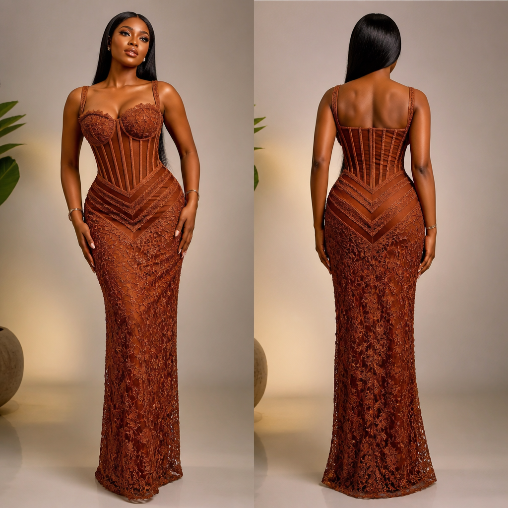 A Female Dress design, for Party, in Glamorous style. A burnt brown dress, dry lace material,A bra-like neck at the front, with stripes that run vertically from the bra-like neck to the waist where the stripes will form a v shape down to the hip, a four corner neck at the back. For a Nigerian owambe party.. Nigeria fashion aesthetics.
photorealistic fashion design, A Female Dress design, for Party, in Glamorous style. A burnt brown dress, dry lace material,A bra-like neck at the front, with stripes that run vertically from the bra-like neck to the waist where the stripes will form a v shape down to the hip, a four corner neck at the back. For a Nigerian owambe party.. Nigeria fashion aesthetics., glamorous style, just the design no text, show front and back