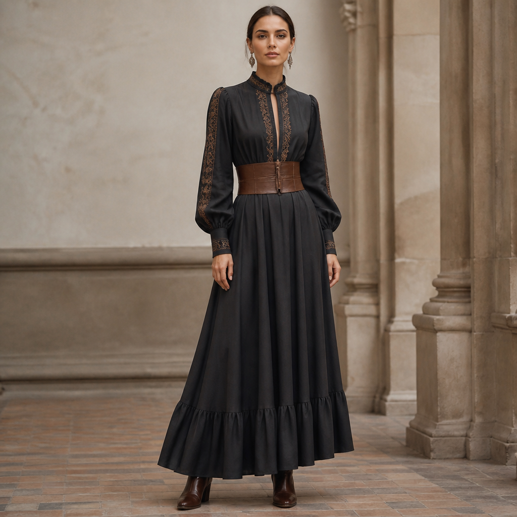 A Dress design, with modest, full coverage: longer hemlines, higher necklines and covered shoulders, suitable for Spring. Consider Argentinian fashion — gaucho-inspired, European elegance, tango-influenced evening wear, leather craftsmanship. Current season is Spring in Argentina. Present it as professional fashion catalogue photography: the garment is the subject, shown full-length with editorial styling, neutral posing and tasteful, non-suggestive framing.
photorealistic fashion design, A Dress design, with modest, full coverage: longer hemlines, higher necklines and covered shoulders, suitable for Spring. Consider Argentinian fashion — gaucho-inspired, European elegance, tango-influenced evening wear, leather craftsmanship. Current season is Spring in Argentina. Present it as professional fashion catalogue photography: the garment is the subject, shown full-length with editorial styling, neutral posing and tasteful, non-suggestive framing., just the design no text