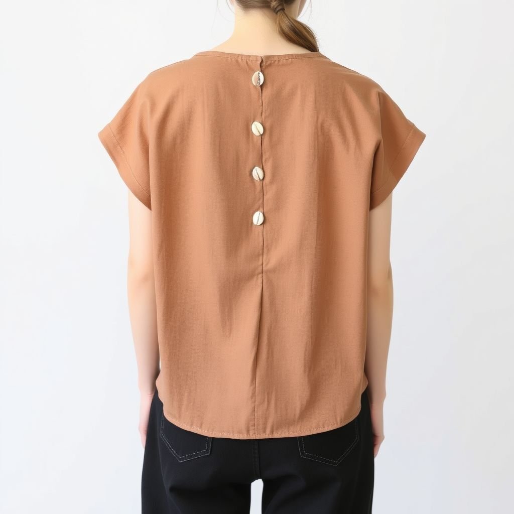 Summer top made from linen and organic cotton blend, waist length, capped sleeves, fitted, light brown, shell buttons down the middle of the back, v-neck, a-shaped silhouette, show front and back
Create a minimalist summer top featuring a waist-length cut crafted from a soft linen and organic cotton blend. The design showcases capped sleeves and a subtle v-neck, with a light brown hue. Highlight a streamlined, A-shaped silhouette with chic shell buttons elegantly placed down the middle of the back, showcasing both front and back views.