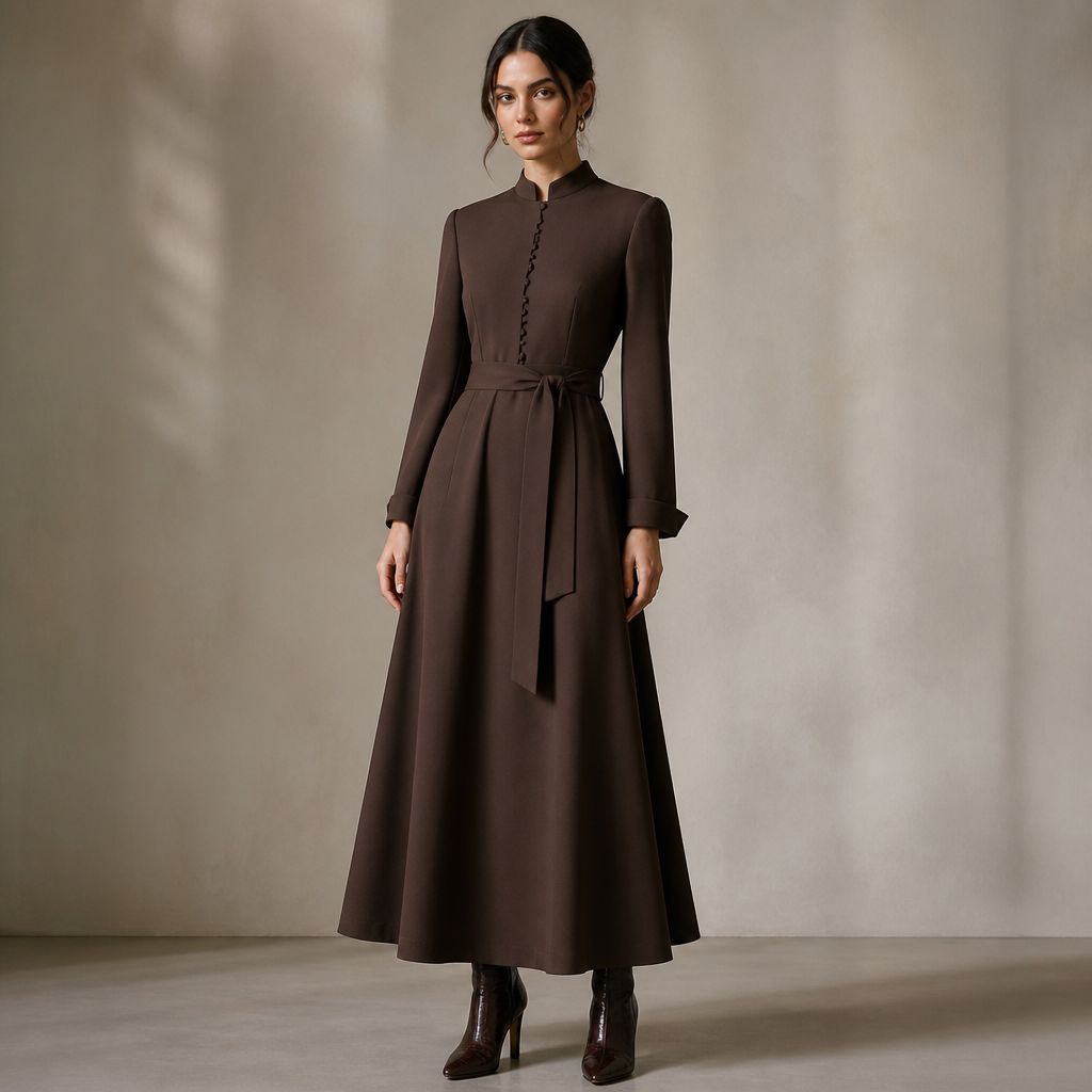 A Female Dress design, suitable for Fall, in Classic style. UZ fashion aesthetics. Present it as professional fashion catalogue photography: the garment is the subject, shown full-length with editorial styling, neutral posing and tasteful, non-suggestive framing.
photorealistic fashion design, A Female Dress design, suitable for Fall, in Classic style. UZ fashion aesthetics. Present it as professional fashion catalogue photography: the garment is the subject, shown full-length with editorial styling, neutral posing and tasteful, non-suggestive framing., classic style, just the design no text