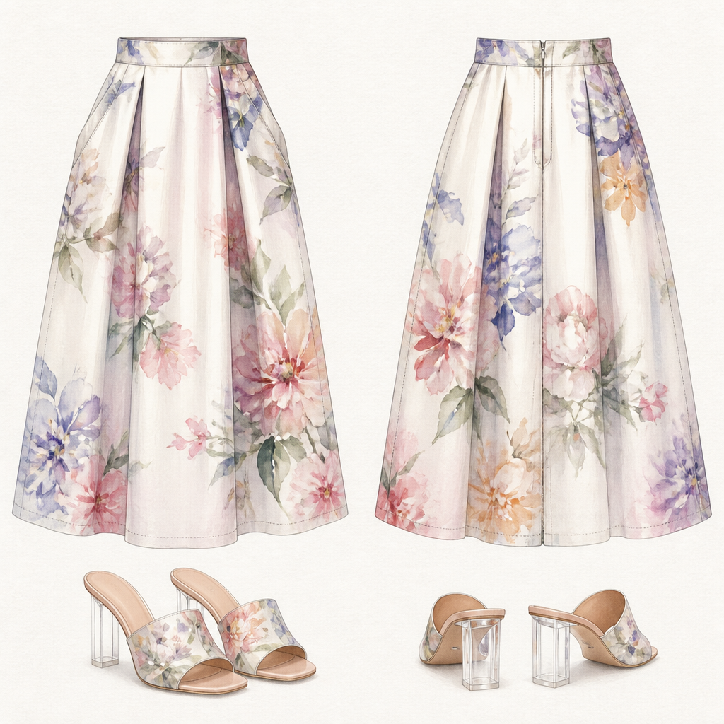 I want a drawing and no model just outfit elegant watercolor print midi high waisted with pockets skirt , with matching slide n shoes heel out mules with a clear heel
photorealistic fashion design, I want a drawing and no model just outfit elegant watercolor print midi high waisted with pockets skirt , with matching slide n shoes heel out mules with a clear heel , floral style, just the design no text, show front and back