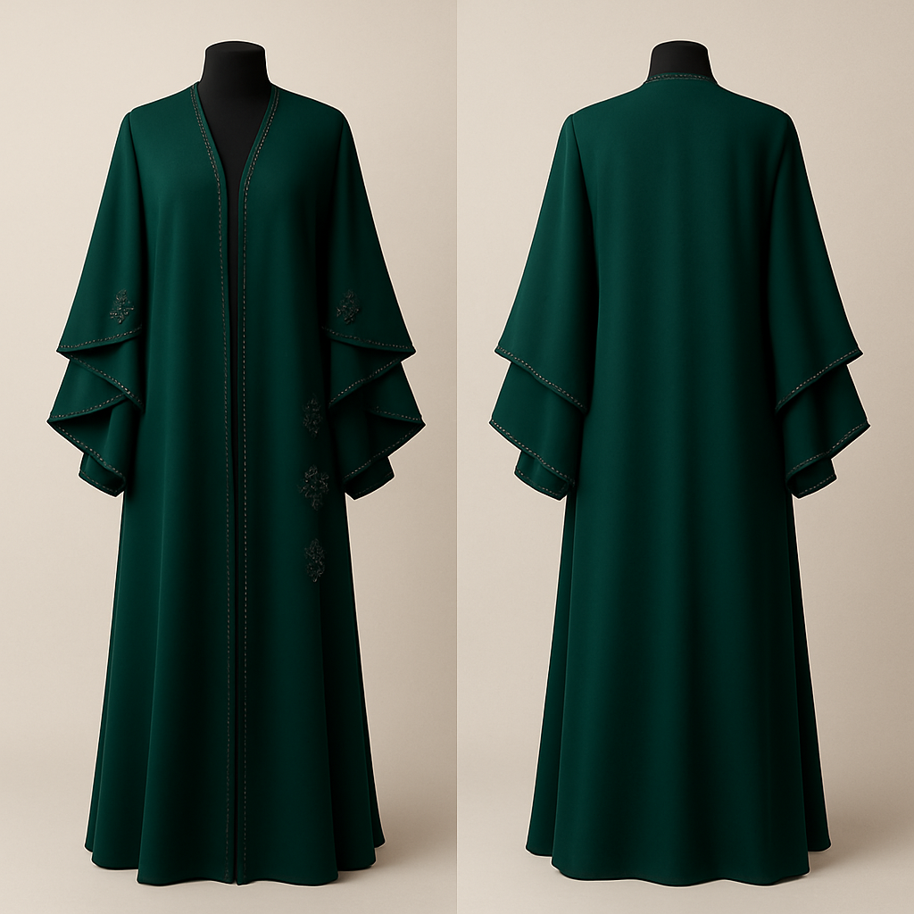 The Luxury Double-Sleeve Abaya
Tone: Deep Emerald
Design:
Layered double-sleeve with stone outlines and a few floral appliqués.
Why it will sell:
Double-sleeve designs trend every year sophisticated and instantly attractive.
The Luxury Double-Sleeve Abaya
Tone: Deep Emerald
Design:
Layered double-sleeve with stone outlines and a few floral appliqués.
Why it will sell:
Double-sleeve designs trend every year sophisticated and instantly attractive.
, show front and back