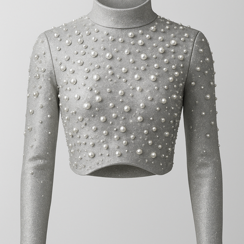 Silver long sleeve crop top with high neck curved hem and embellished with pearls and rhinestones
