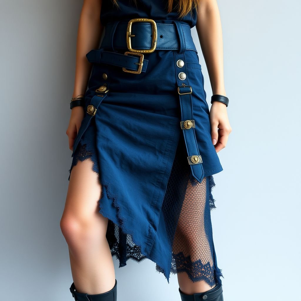 Create me a midi, blu layered skirt, with cut outs, with another layer under it..Put belt buckles on it. Put DV on it. Make it unique and different. Make sure the cut out parts have another layer under, so no skin is showing
Design a unique grunge-inspired midi layered skirt featuring multiple textures in deep blues. Incorporate bold cutouts with contrasting mesh or lace underlayers for an edgy look, ensuring modesty with no skin exposed. Add oversized belt buckles for a raw appeal and incorporate graffiti-style DV embellishments, blending rebellious spirit with artistic flair.