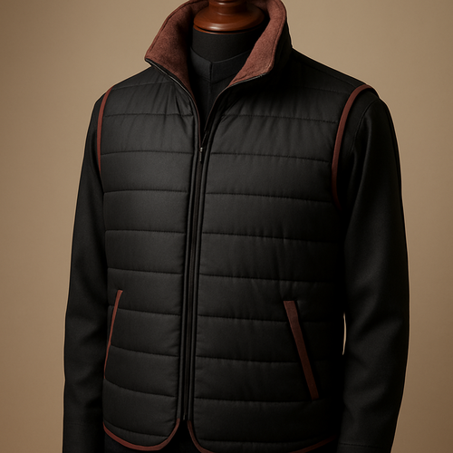 
1) SDXL — 3/4 product shot (main)
"Photorealistic product shot of an original men's reversible quilted vest on a premium polished wooden full‑torso mannequin. Primary side: matte black fabric with horizontal channel quilting; accent trims and pocket edges in warm brown‑mauve (brown with a subtle mauve tint). Collar: detachable funnel collar lined with matching brown‑mauve fleece (soft visible pile inside collar). Fastening: fully concealed (hidden) matte black zipper, no buttons or snap closures. Features: horizontal quilting across the body, subtle asymmetrical hem, refined visible stitch details and realistic fabric texture. Styling: worn over a dark charcoal traditional Saudi thobe, posed on a luxurious wooden mannequin. Lighting: studio luxury catalogue lighting — soft directional key light from left, gentle rim light, neutral warm backdrop, shallow depth of field. Camera: 85mm, f/4, high detail, ultra‑realistic, commercial product photography. No logos, no text, no watermark, not a replica."

Negative: avoid logos, text, watermark, hands, unrealistic colors, cartoonish, low‑res.

2) SDXL — Front shot (catalog)
"Photorealistic front product shot of the reversible quilted vest on a polished wooden full‑torso mannequin. Matte black primary, brown‑mauve trims; detachable funnel collar showing brown‑mauve fleece lining; concealed hidden zipper (no buttons). Straight‑on view, even studio lighting, soft shadows, sharp fabric texture and pocket/zipper details visible. Camera: 50mm, f/5.6, neutral warm backdrop, commercial catalogue style. No logos, no text."

3) SDXL — Close‑up detail
"Extreme close‑up of vest fabric and stitching: horizontal quilting channels, brown‑mauve piping, hidden zipper seam detail, and soft brown‑mauve fleece visible inside the collar. Macro detail, true fabric grain, studio lighting for texture emphasis, high dynamic range, ultra realistic. Camera: 100mm macro, f/8, focus stacking if possible. No logos, no watermark."

"Photorealistic men's reversible quilted vest on premium wooden mannequin — matte black primary, warm brown‑mauve accents, collar lined with matching brown‑mauve fleece, fully concealed zipper (no buttons), horizontal quilting, over dark charcoal Saudi thobe, studio luxury lighting, shallow DOF, ultra‑realistic, no logos —ar 3:4 --q 2 --stylize 50"
