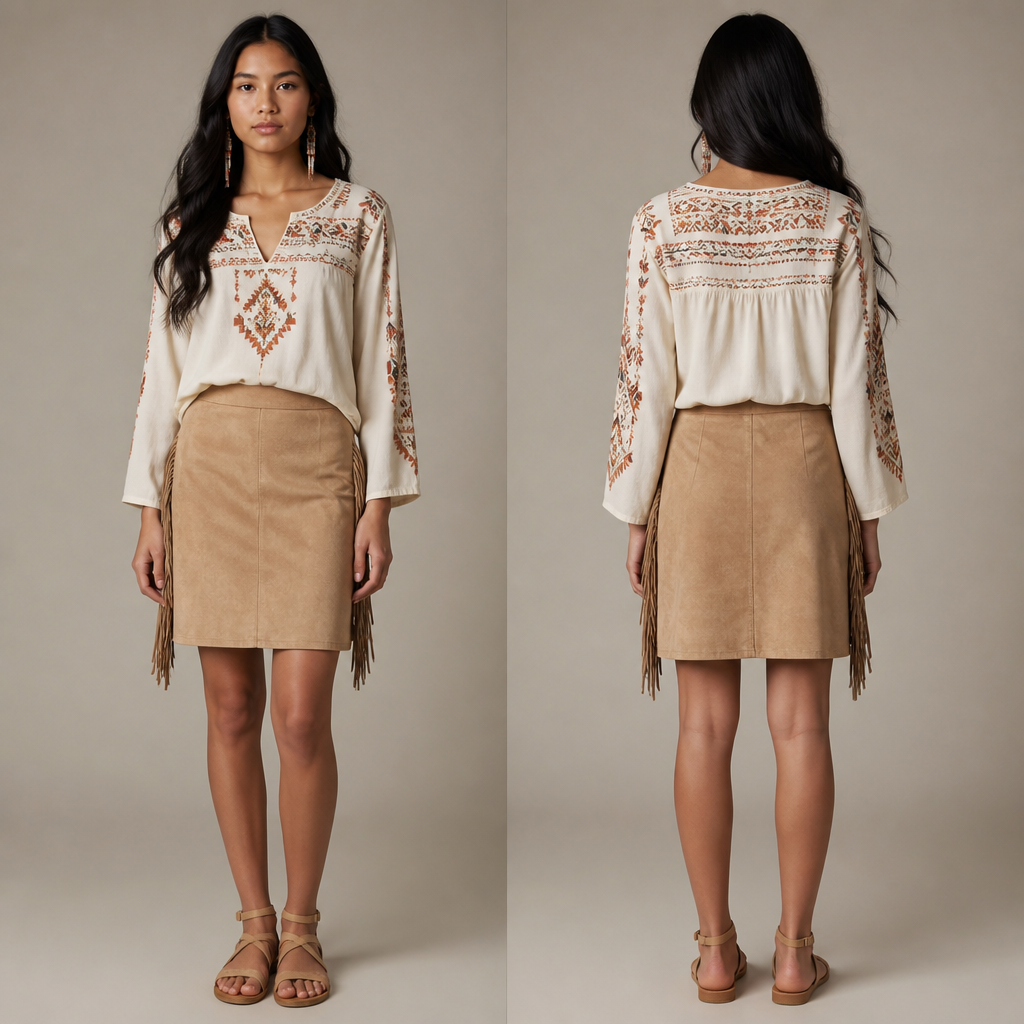 An American Native 16 year old teenage girl with black long hair with a blouse with an Native American pattern on it with tan suede skirt with tan sandals and it is School appropriate
photorealistic fashion design, An American Native 16 year old teenage girl with black long hair with a blouse with an Native American pattern on it with tan suede skirt with tan sandals and it is School appropriate , boho_chic style, just the design no text, show front and back