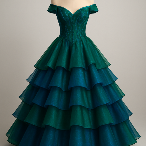 A blue and green A-line pageant dress with a layered skirt. I want the main color to be an emerald green with hints of royal blue stones.  But I wanted the skirt to be cupcake layered with blue and green organza. The top portion will be a sweetheart neckline with off the shoulder straps 