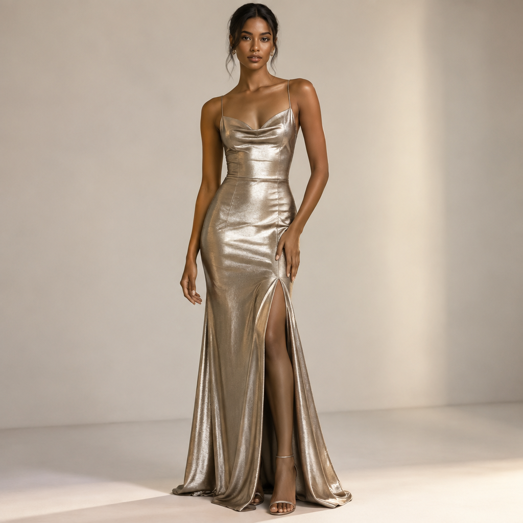 A Dress design, with a Fitted silhouette, in a Metallic color palette, for Formal, suitable for Summer, in Elegant + Casual + Formal style, shown on a model with brown skin Present it as professional fashion catalogue photography: the garment is the subject, shown full-length with editorial styling, neutral posing and tasteful, non-suggestive framing.
photorealistic fashion design, A Dress design, with a Fitted silhouette, in a Metallic color palette, for Formal, suitable for Summer, in Elegant + Casual + Formal style, shown on a model with brown skin Present it as professional fashion catalogue photography: the garment is the subject, shown full-length with editorial styling, neutral posing and tasteful, non-suggestive framing., elegant style, just the design no text