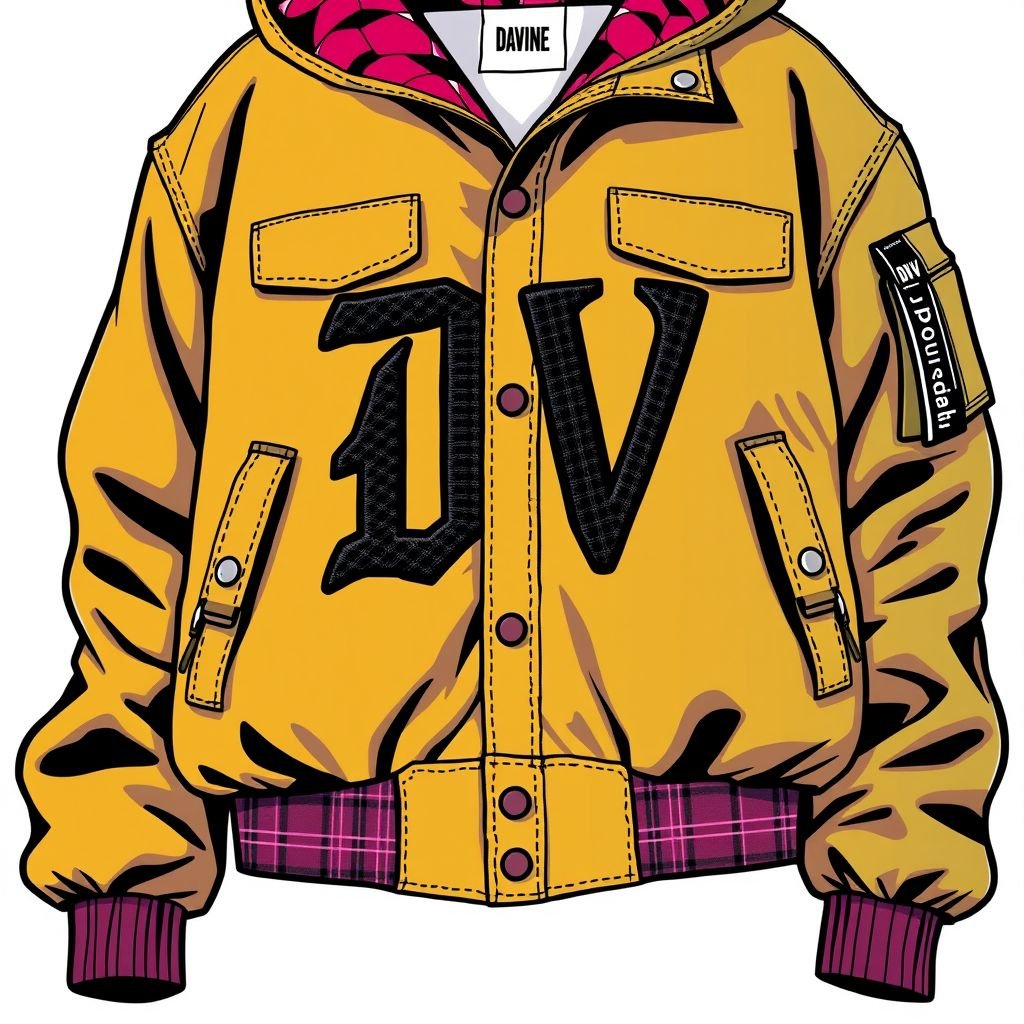 Oversized jacket with plaid lining with “DV” on the front “Da’Vine”
Design a bold oversized streetwear jacket in a vibrant urban color palette, featuring a cozy plaid lining that peeks from the cuffs and hem. Adorn the front with striking “DV” embroidery, representing “Da’Vine.” Incorporate utility pockets and adjustable features, blending comfort and style for the ultimate city-ready statement piece.