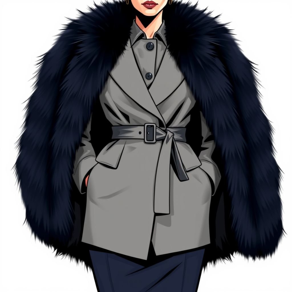 Office dress ,big long fur coat, tight on the waist ,
Design a sophisticated office dress featuring a tailored silhouette that cinches at the waist, accentuated with a big long fur coat that cascades elegantly to the ankles. The coat showcases a rich texture, while the dress incorporates classic hues like charcoal and navy, completing a powerful yet chic professional look.