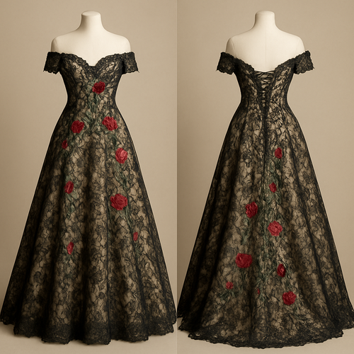 Lace wedding dress,black and champagne color, off the shoulder sleeves, and red roses and green vines embroidered on the dress. Corset top and lace up back.