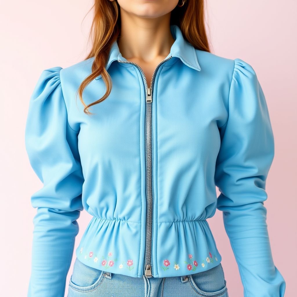 Cute zip up thin jacket blue with silver zipper
Design a cute, fitted zip-up jacket in a vibrant sky-blue hue, featuring a sleek silver zipper that shines like a star. The jacket combines a lightweight, breathable fabric with playful puffed sleeves and a cinched waist, adorned with subtle floral embroidery along the hem, adding a touch of whimsy to any outfit.