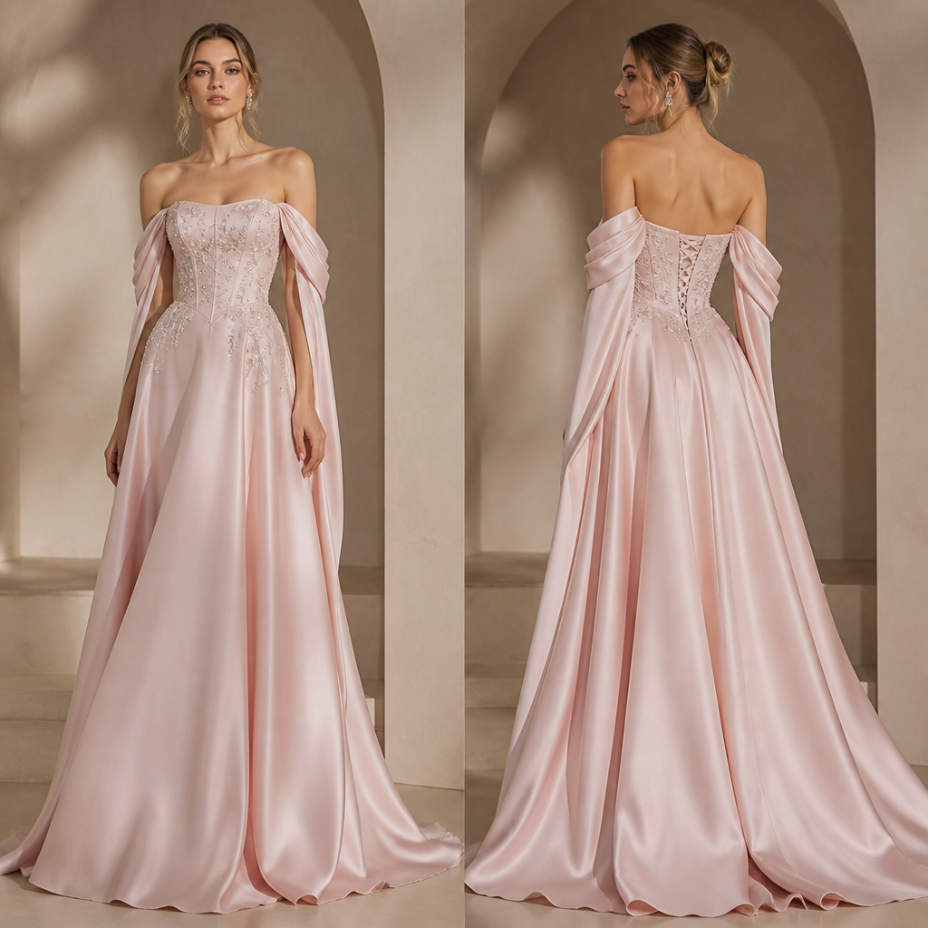 A Female Dress design, made of Satin, with a sleek, smooth finish, with an A-Line silhouette, in a Pastels color palette, for Party, suitable for Fall, suited to a Dry & Arid climate, in Luxury + Haute Couture + Designer style, shown on a model with fair skin and a slim figure. اوف شولدر
الاكمام منسدلة على الزند
الصدر والخصر كورسيه
الخلف قيطان
تززيين الصدر والخصر بتطريز من نفس اللون او بكريستال. IQ fashion aesthetics. Present it as professional fashion catalogue photography: the garment is the subject, shown full-length with editorial styling, neutral posing and tasteful, non-suggestive framing.
photorealistic fashion design, A Female Dress design, made of Satin, with a sleek, smooth finish, with an A-Line silhouette, in a Pastels color palette, for Party, suitable for Fall, suited to a Dry & Arid climate, in Luxury + Haute Couture + Designer style, shown on a model with fair skin and a slim figure. اوف شولدر
الاكمام منسدلة على الزند
الصدر والخصر كورسيه
الخلف قيطان
تززيين الصدر والخصر بتطريز من نفس اللون او بكريستال. IQ fashion aesthetics. Present it as professional fashion catalogue photography: the garment is the subject, shown full-length with editorial styling, neutral posing and tasteful, non-suggestive framing., luxury style, just the design no text, show front and back