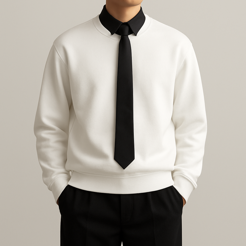 White plain long sleeve sweatshirt with black button up underneath and oversized black sweats bottoms and add a tie and show collar, don’t tuck shirt
White plain long sleeve sweatshirt with black button up underneath and oversized black sweats bottoms and add a tie and show collar, don’t tuck shirt, business style