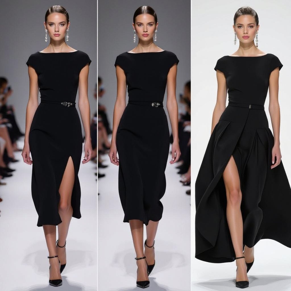 So bad
Elegant fashion: A tailored black silk dress, midi length, with a boat neckline and subtle side split. Paired with classic pearl earrings and pointed-toe heels.